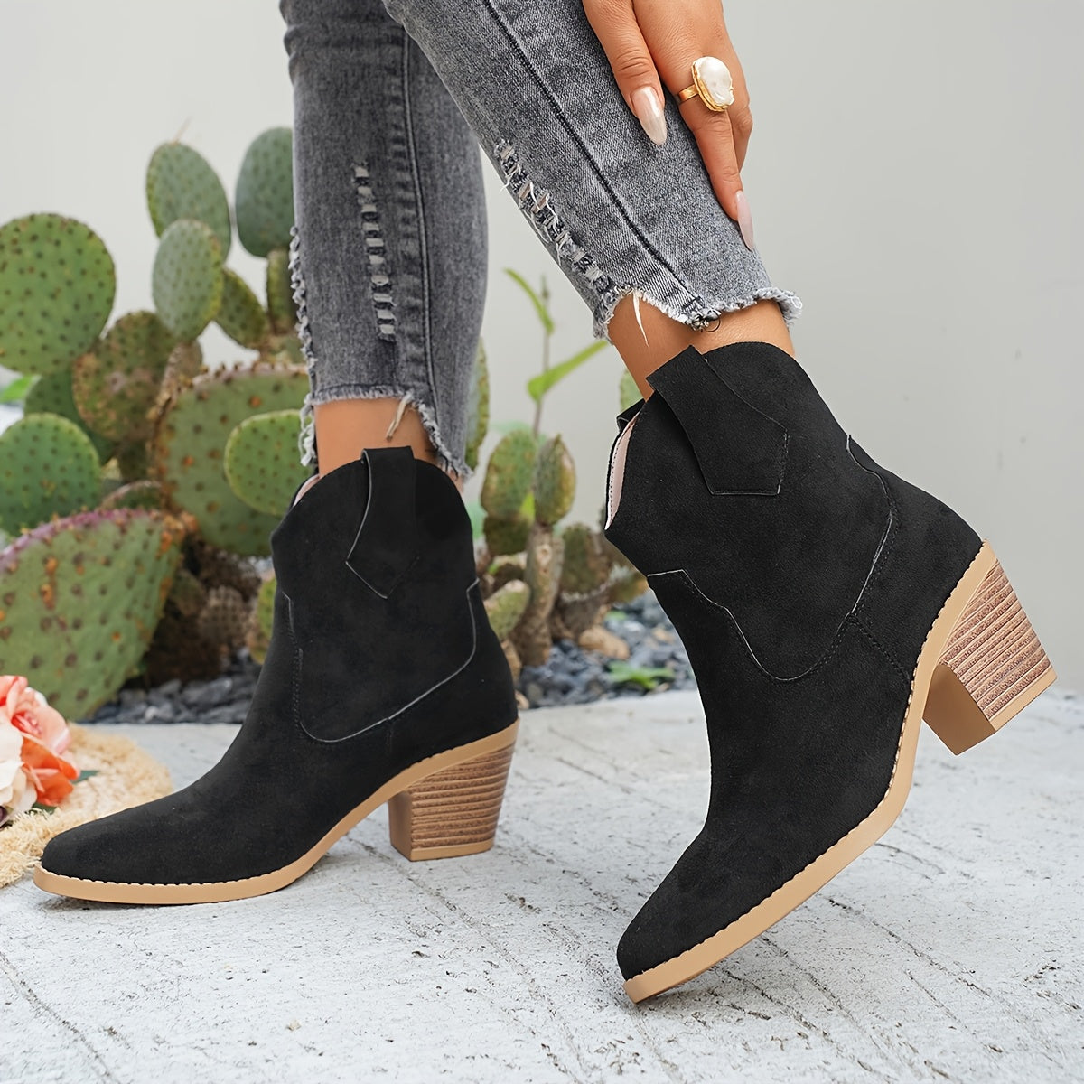Naomi Black Chelsea Ankle Boots with Block Heel and Western Stitch Detailing 4