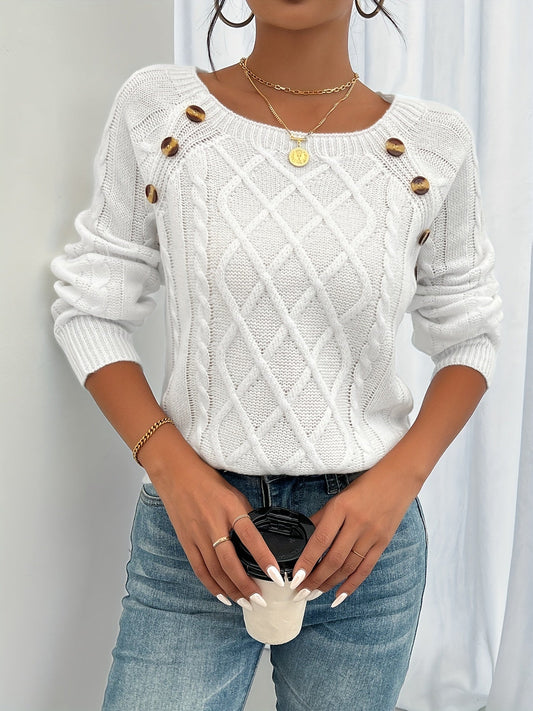 Odaline Cable Knit Pullover Sweater with Button Shoulder Detail for Cozy Elegance 0