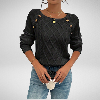 Odaline Cable Knit Pullover Sweater with Button Shoulder Detail for Cozy Elegance 1