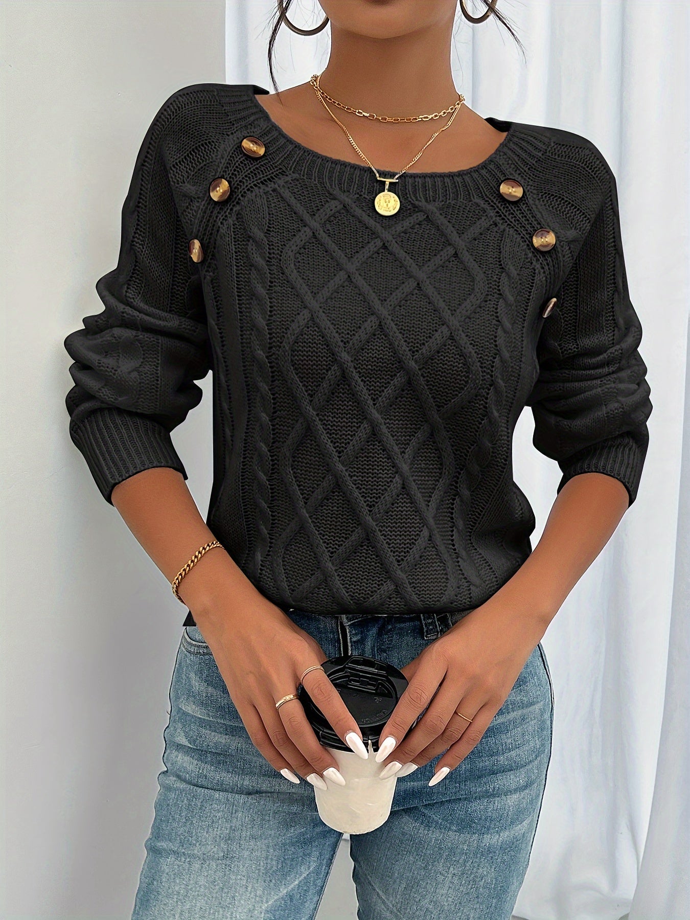 Odaline Cable Knit Pullover Sweater with Button Shoulder Detail for Cozy Elegance 2