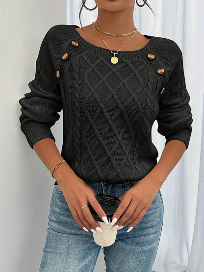 Odaline Cable Knit Pullover Sweater with Button Shoulder Detail for Cozy Elegance 2