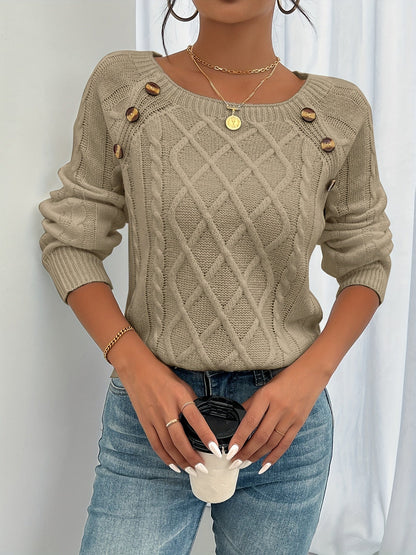 Odaline Cable Knit Pullover Sweater with Button Shoulder Detail for Cozy Elegance 3
