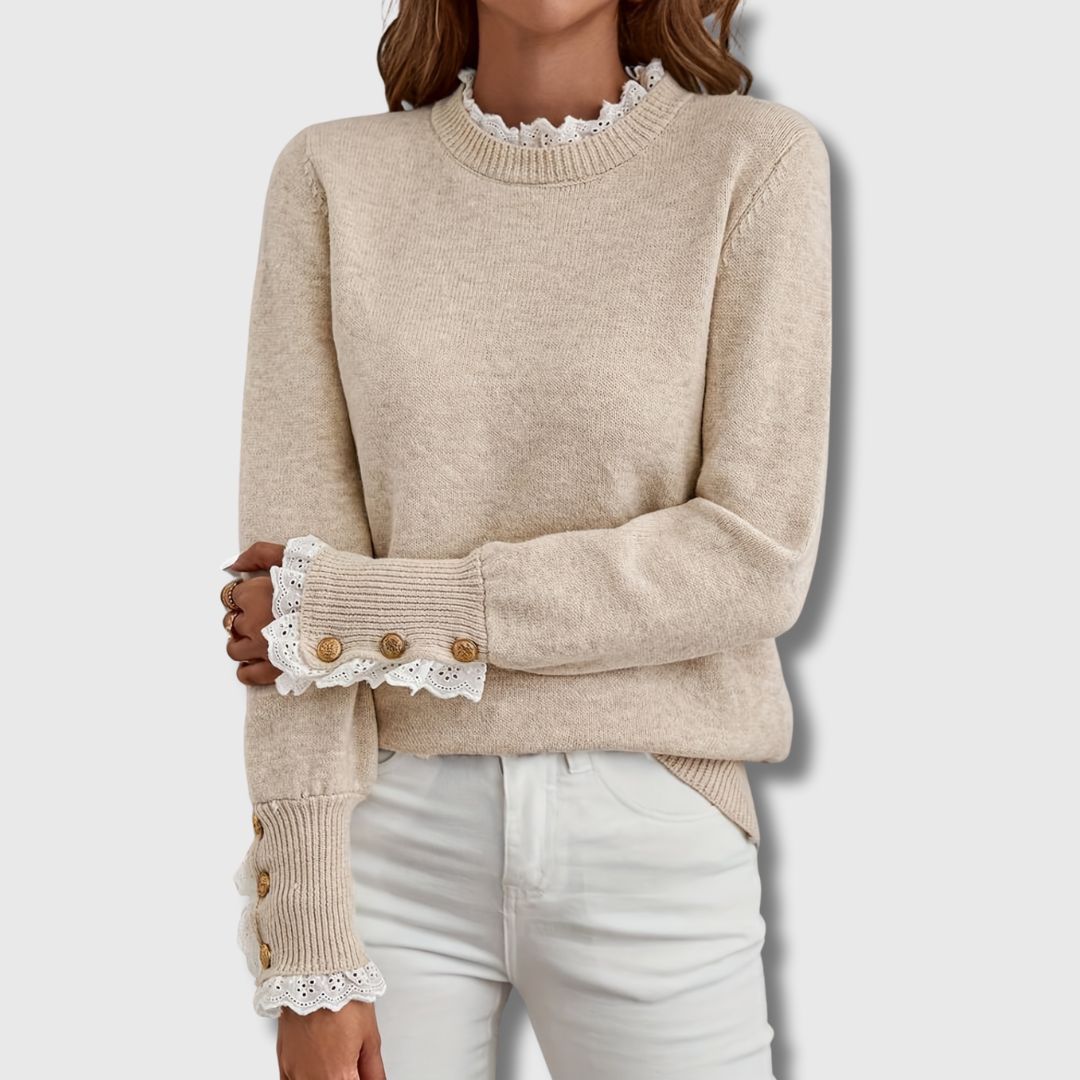 Odalys Knit Pullover Sweater with Lace Trim and Gold Button Cuffs 0