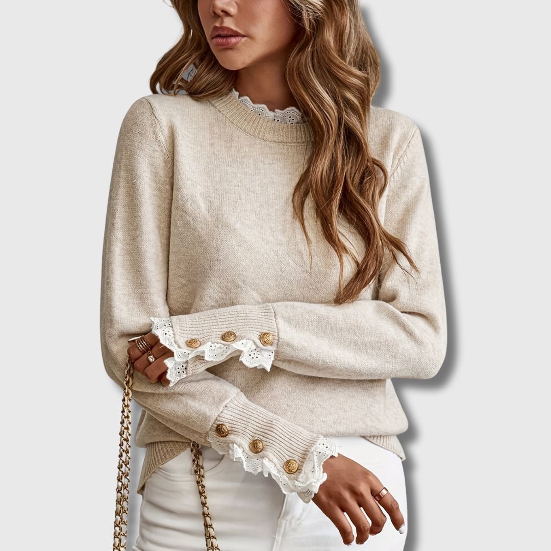 Odalys Knit Pullover Sweater with Lace Trim and Gold Button Cuffs 3