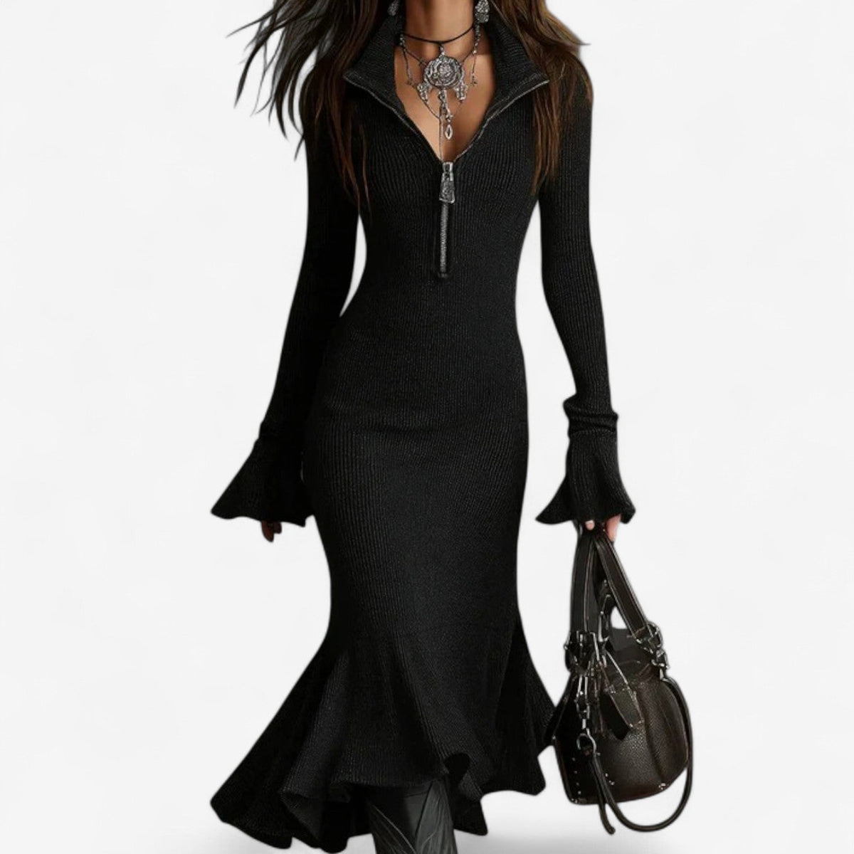Ondine Knit Midi Sweater Dress with Half-Zip Collar and Flared Bell Sleeves 3