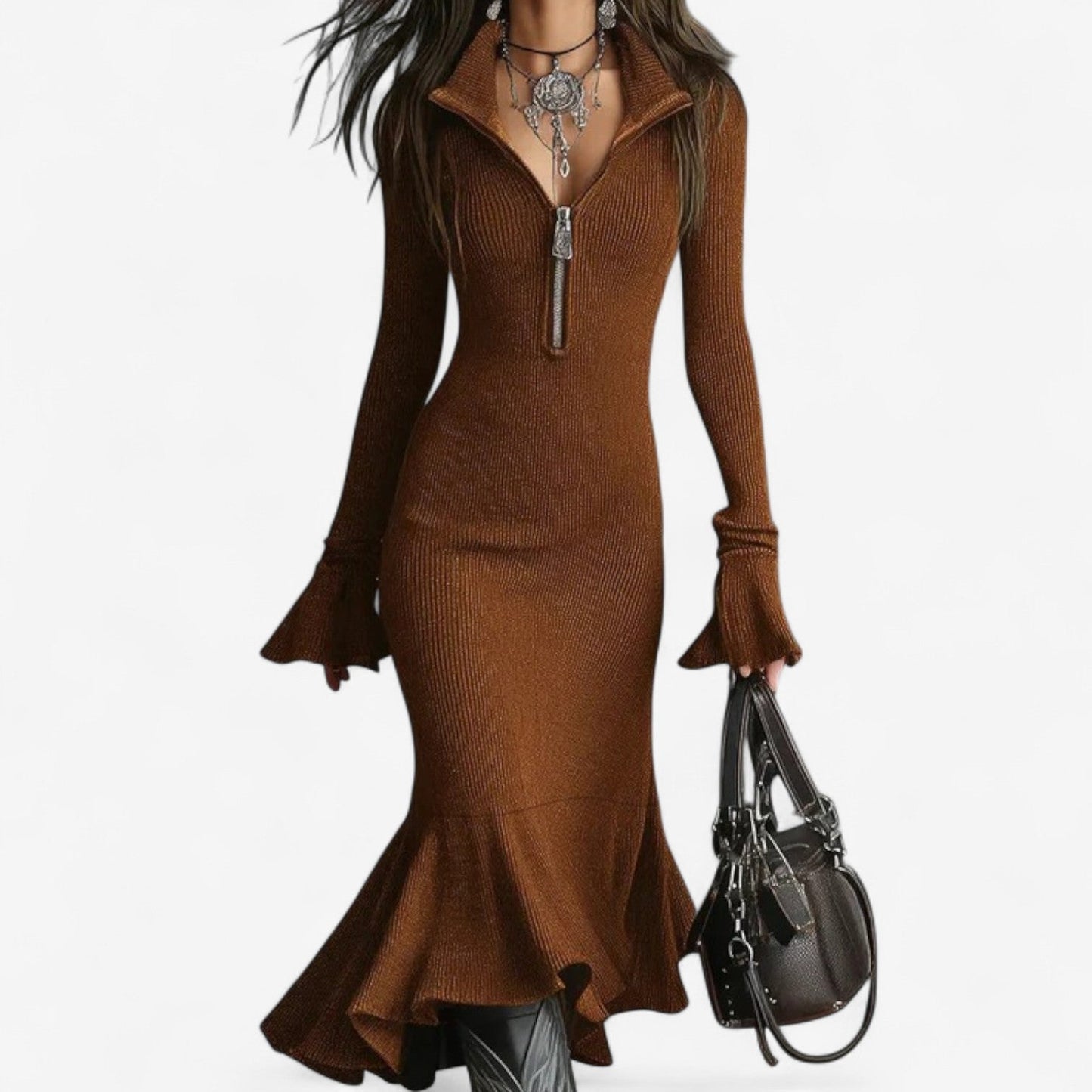 Ondine Knit Midi Sweater Dress with Half-Zip Collar and Flared Bell Sleeves 5