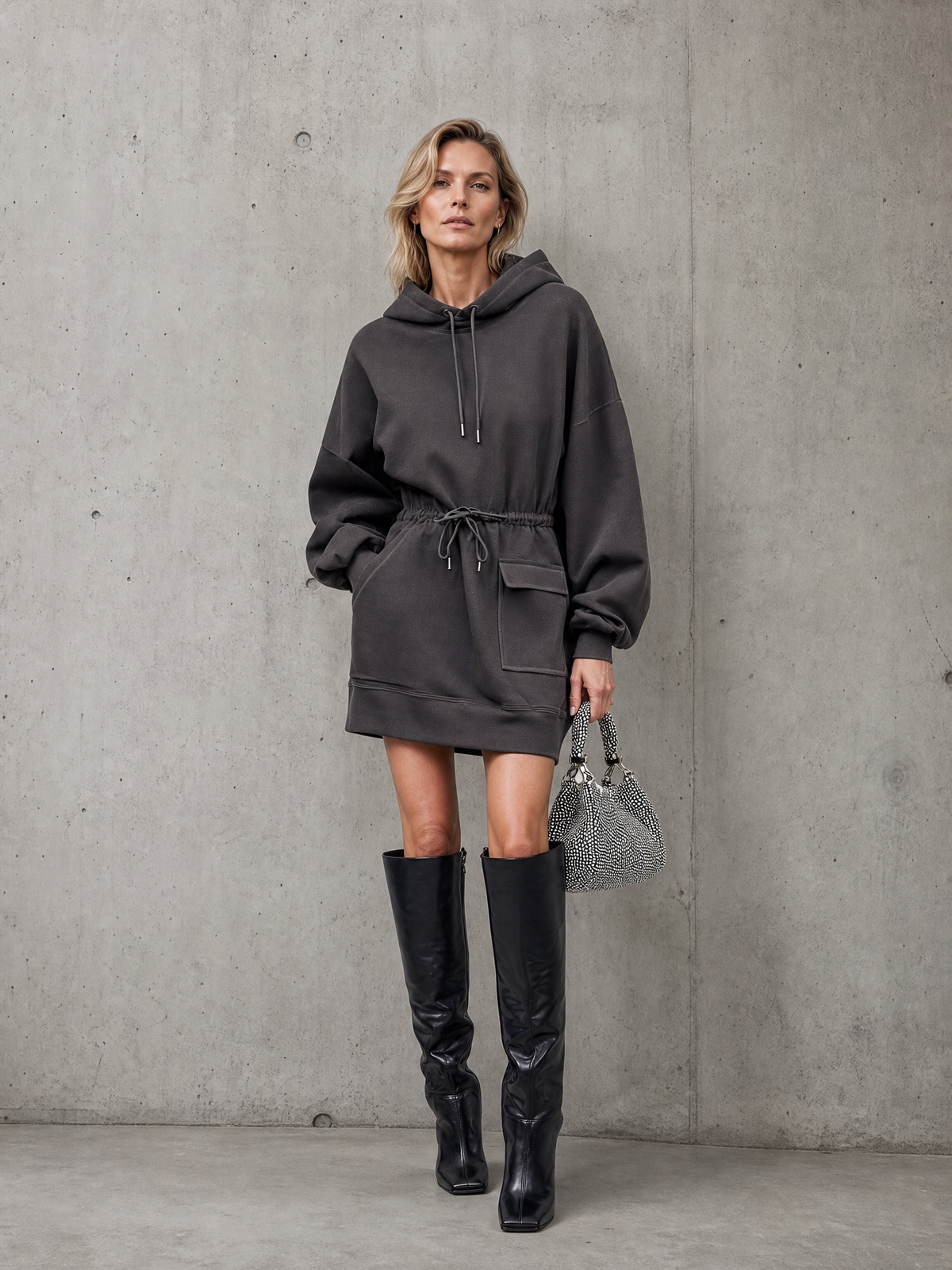 Oversized Hooded Sweatshirt Dress With Drawstring Waist And Pockets 0