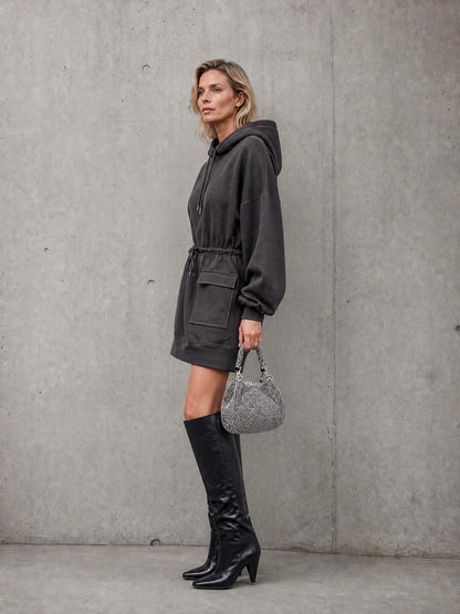 Oversized Hooded Sweatshirt Dress With Drawstring Waist And Pockets 3
