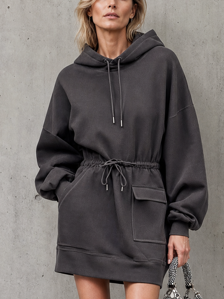 Oversized Hooded Sweatshirt Dress With Drawstring Waist And Pockets 4