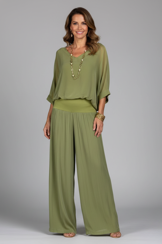 Penelope V-Neck Wide Leg Two Piece Set - Lightweight Loungewear for Effortless Style 0