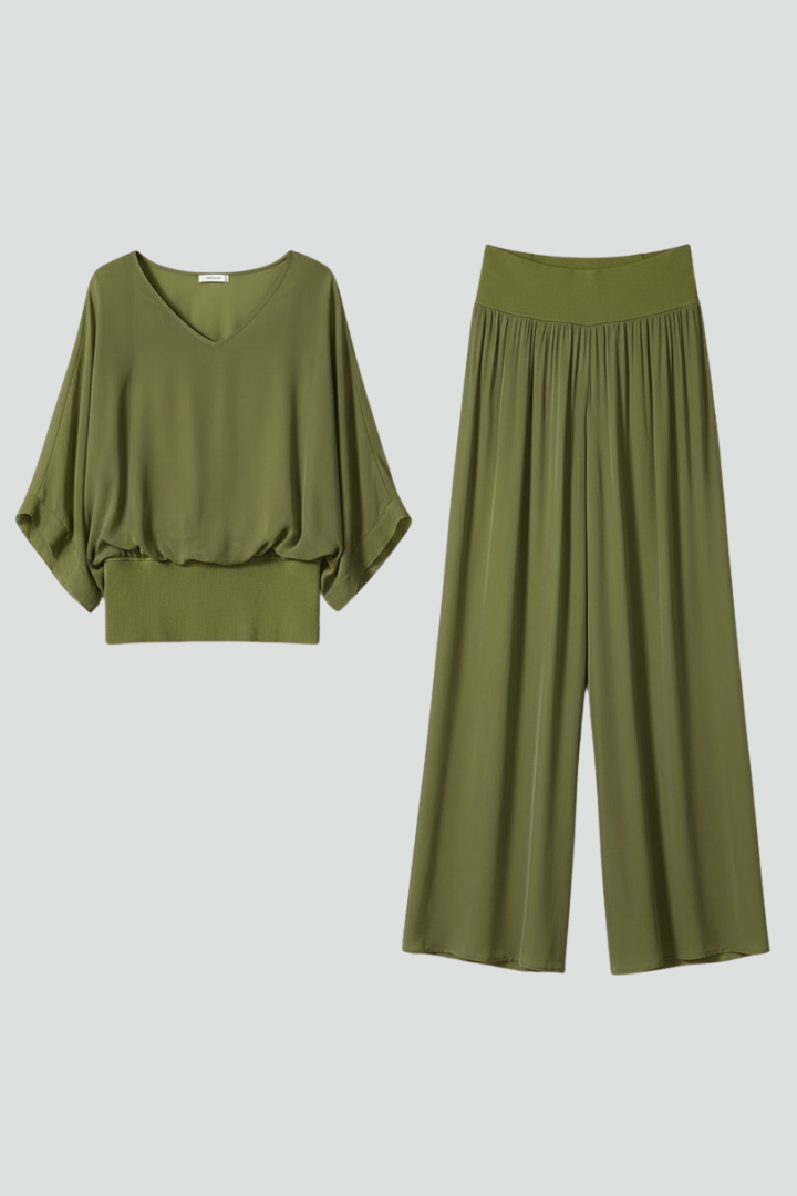 Penelope V-Neck Wide Leg Two Piece Set - Lightweight Loungewear for Effortless Style 1