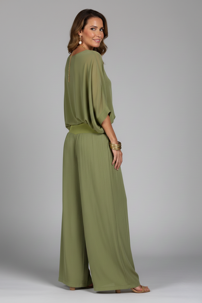 Penelope V-Neck Wide Leg Two Piece Set - Lightweight Loungewear for Effortless Style 2