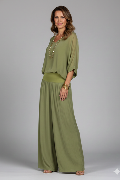 Penelope V-Neck Wide Leg Two Piece Set - Lightweight Loungewear for Effortless Style 3
