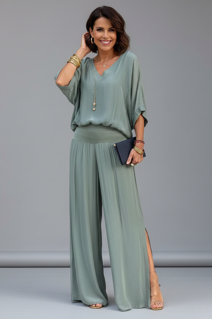 Penelope V-Neck Wide Leg Two Piece Set - Lightweight Loungewear for Effortless Style 8