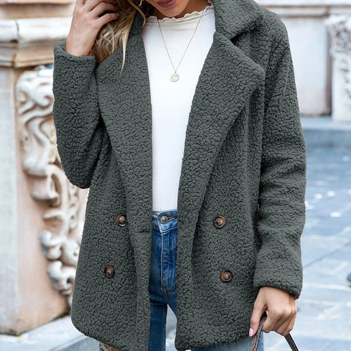 Phoebe women's teddy fleece coat, double-breasted