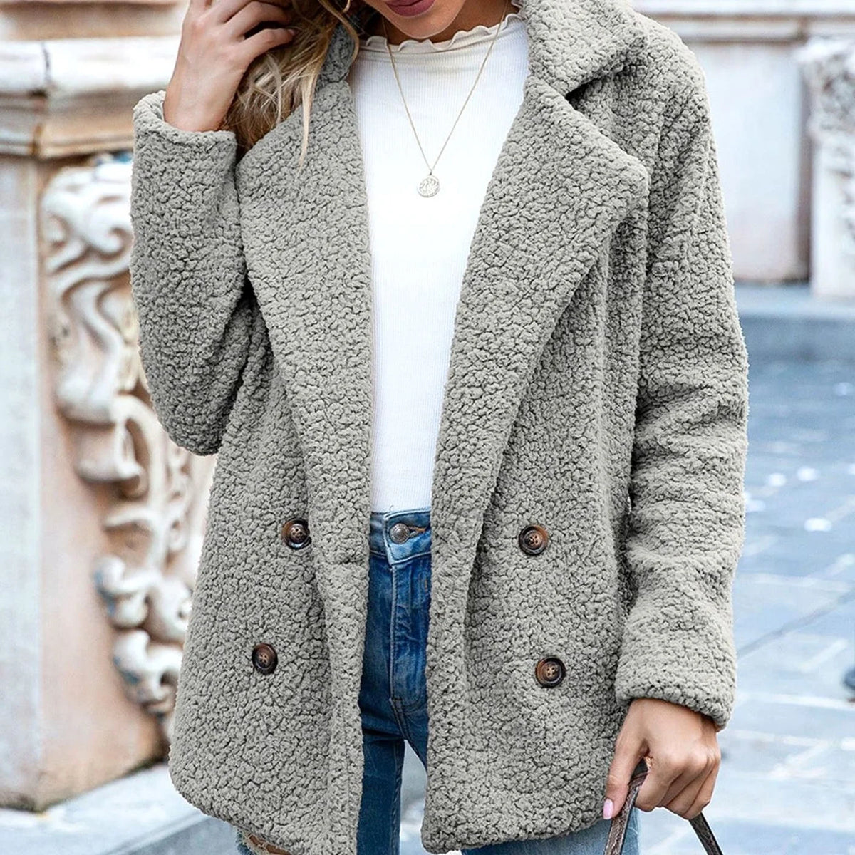 Phoebe women's teddy fleece coat, double-breasted