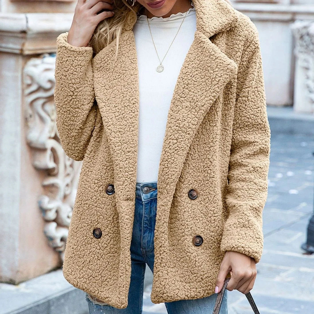 Phoebe women's teddy fleece coat, double-breasted