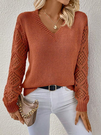 Quinara - V-Neck Women's Sweater with Open-Knit Crochet Sleeves for Layered Comfort 2