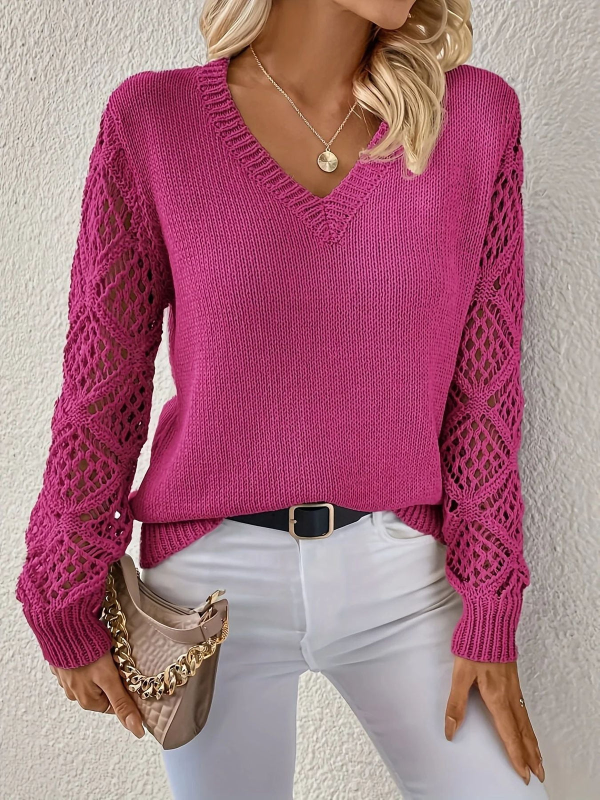 Quinara - V-Neck Women's Sweater with Open-Knit Crochet Sleeves for Layered Comfort 3