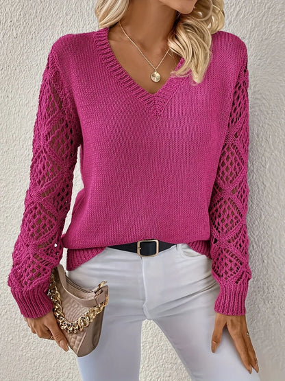 Quinara - V-Neck Women's Sweater with Open-Knit Crochet Sleeves for Layered Comfort 3