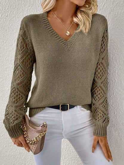 Quinara - V-Neck Women's Sweater with Open-Knit Crochet Sleeves for Layered Comfort 4