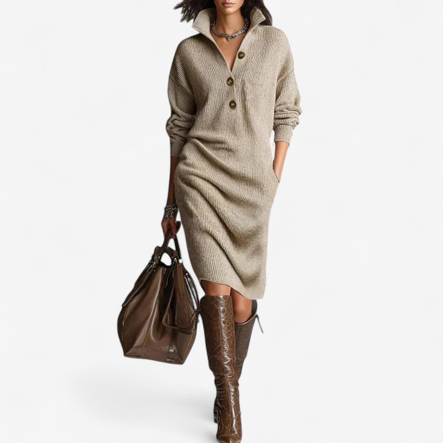 Remy Knit Sweater Dress - Soft Ribbed Midi Dress with Button Neck and Pockets 0