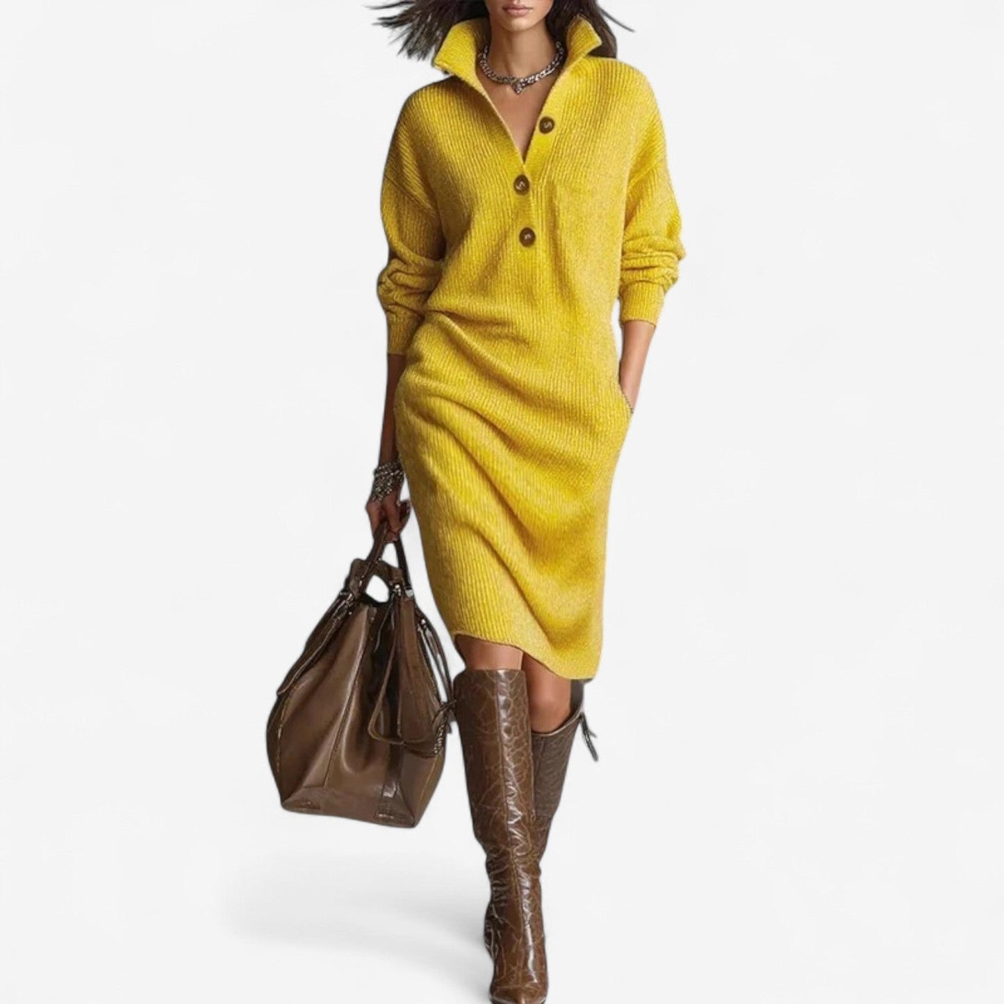 Remy Knit Sweater Dress - Soft Ribbed Midi Dress with Button Neck and Pockets 1