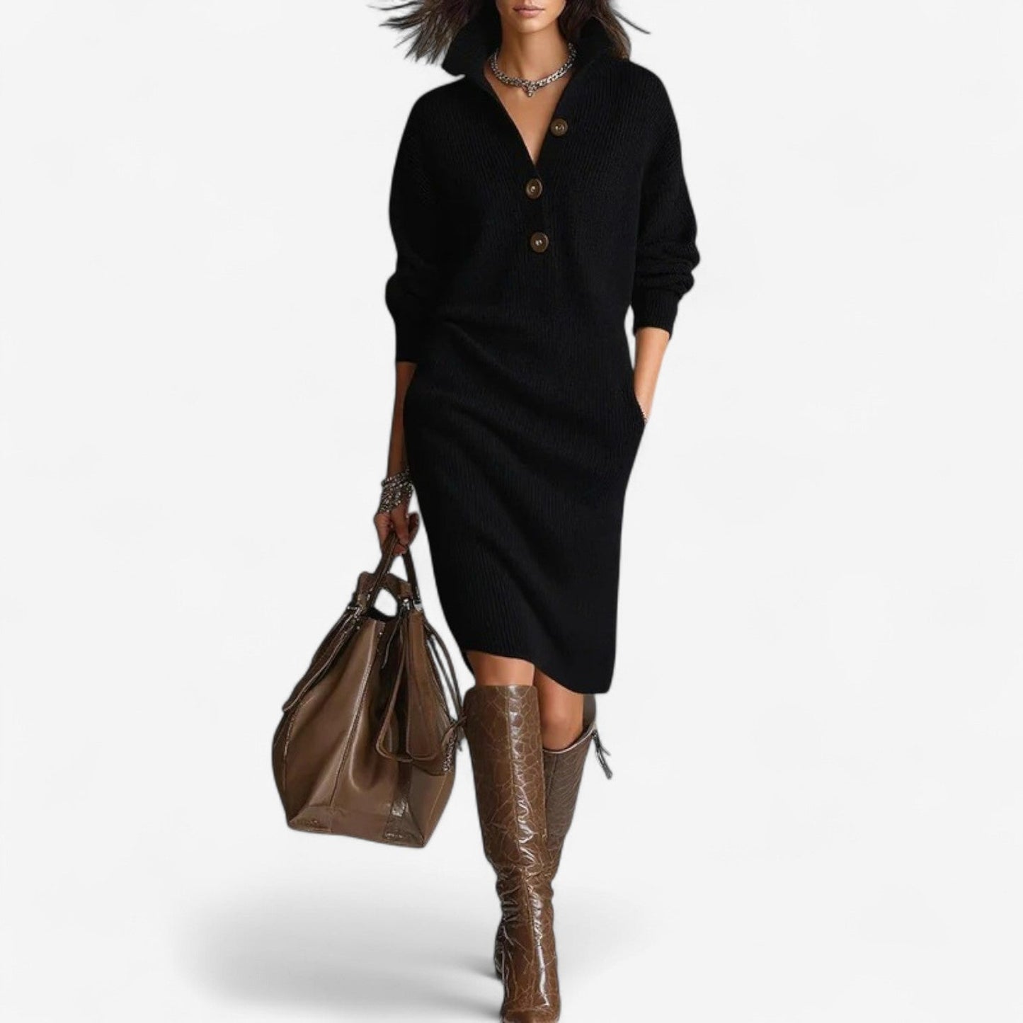 Remy Knit Sweater Dress - Soft Ribbed Midi Dress with Button Neck and Pockets 2