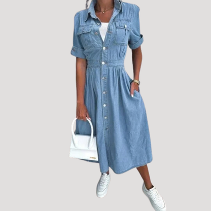 Renata | Women's Button Front Short Sleeve Midi Dress 0
