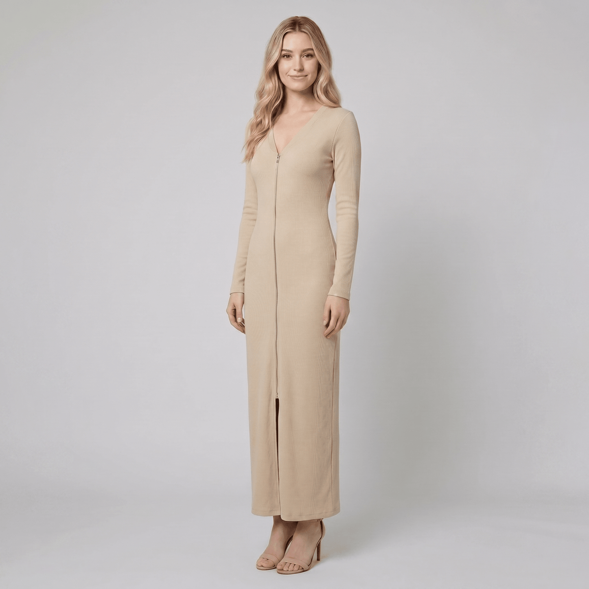 RetroSport - Long Sleeve Maxi Dress with Sporty Knit Fabric and V-Neck Design 1
