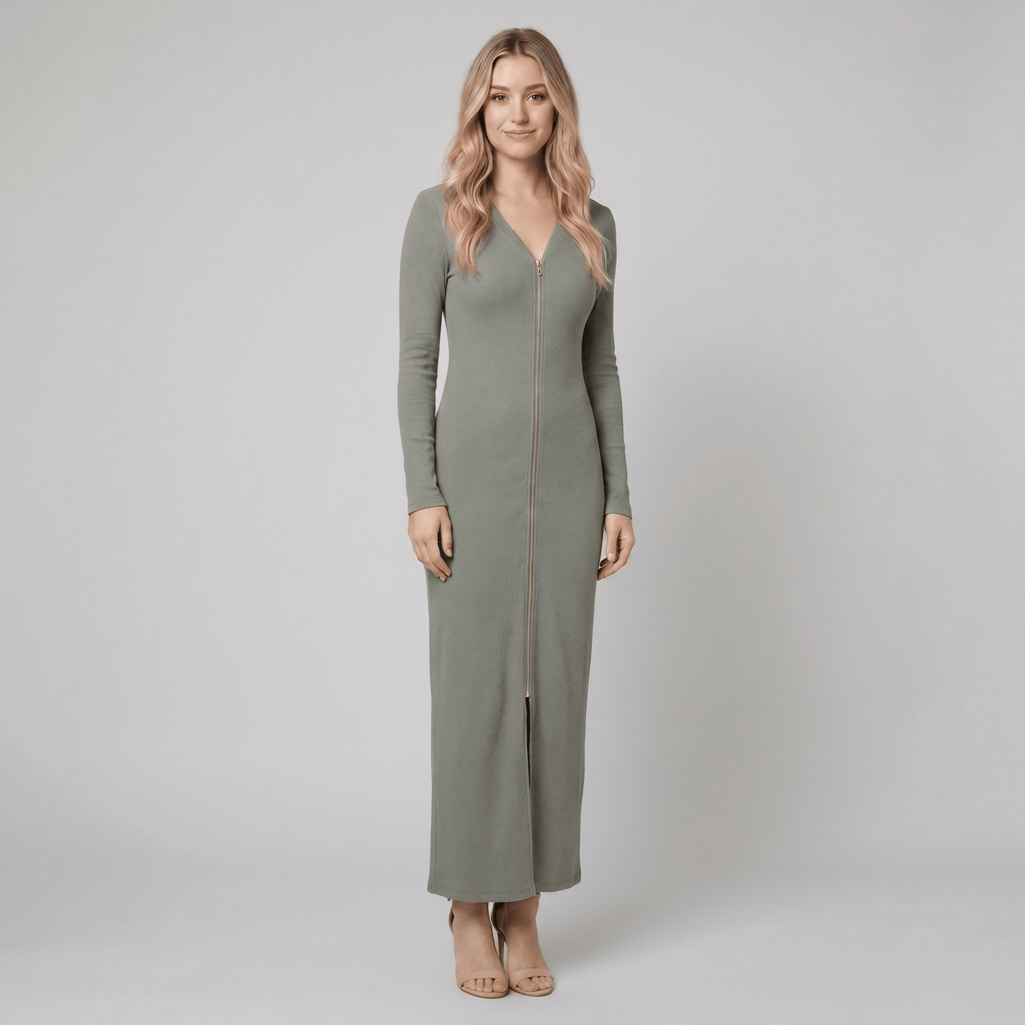 RetroSport - Long Sleeve Maxi Dress with Sporty Knit Fabric and V-Neck Design 4