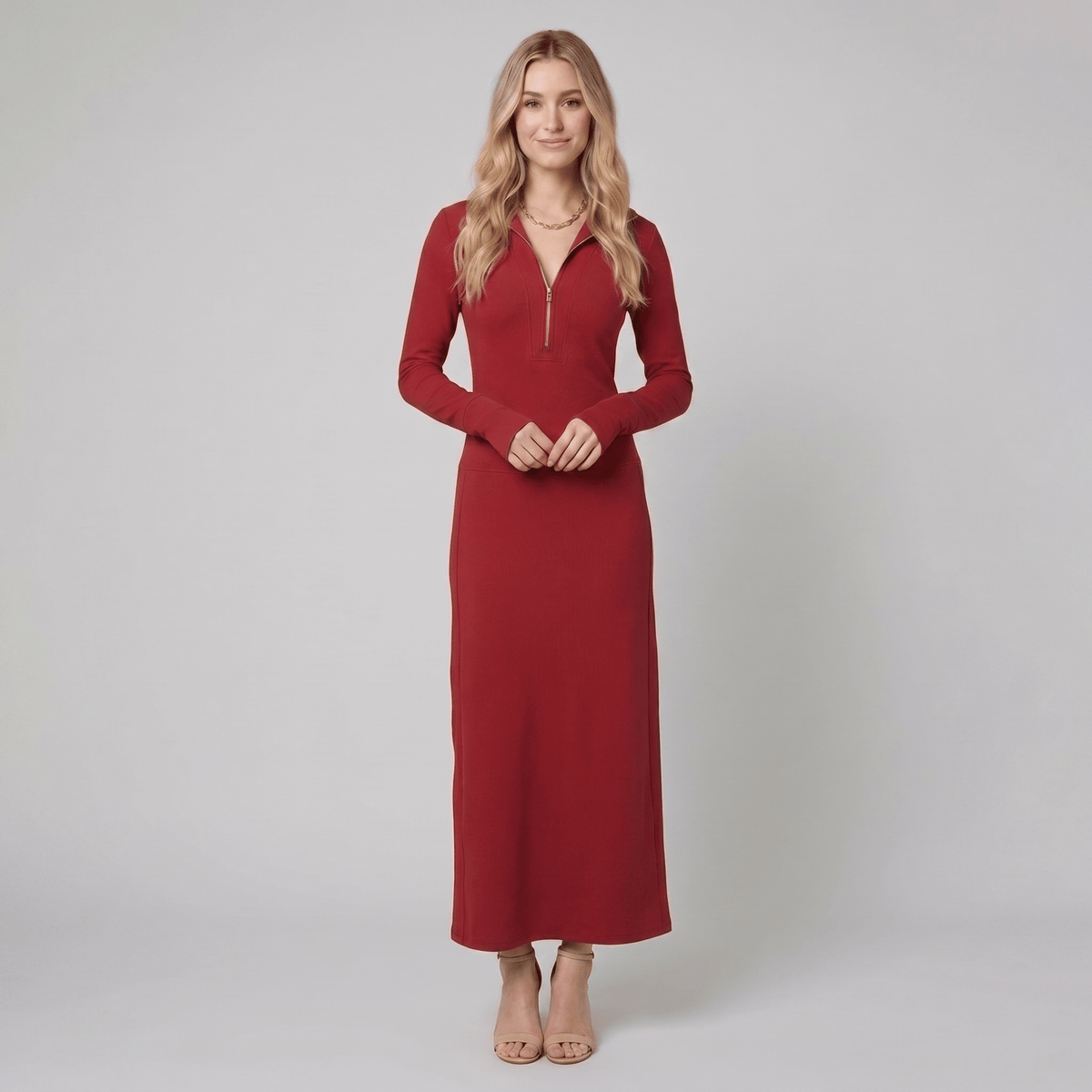 RetroSport - Long Sleeve Maxi Dress with Sporty Knit Fabric and V-Neck Design 6