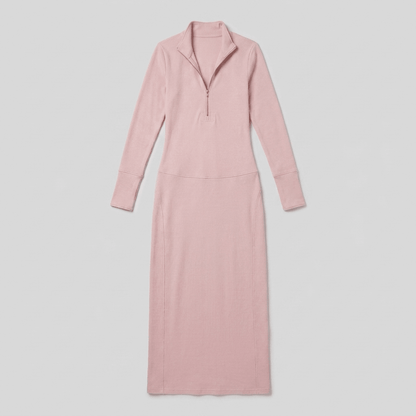 RetroSport - Long Sleeve Maxi Dress with Sporty Knit Fabric and V-Neck Design 7