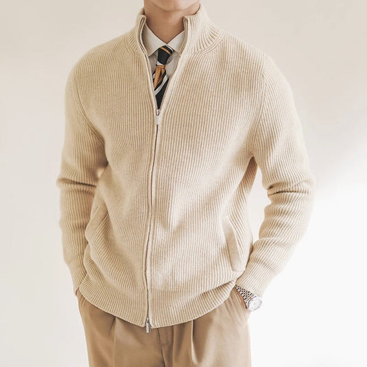 Ribbed Knit Cardigan Sweater with Full Zip & Stand Collar for Smart Casual Wear 0