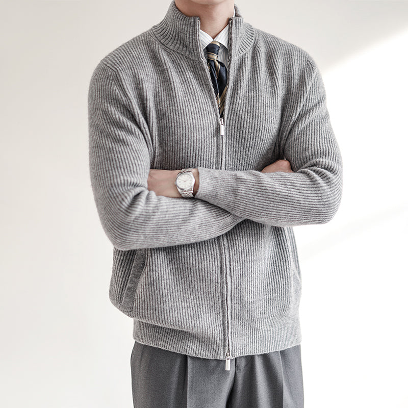 Ribbed Knit Cardigan Sweater with Full Zip & Stand Collar for Smart Casual Wear 1