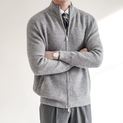 Ribbed Knit Cardigan Sweater with Full Zip & Stand Collar for Smart Casual Wear 1