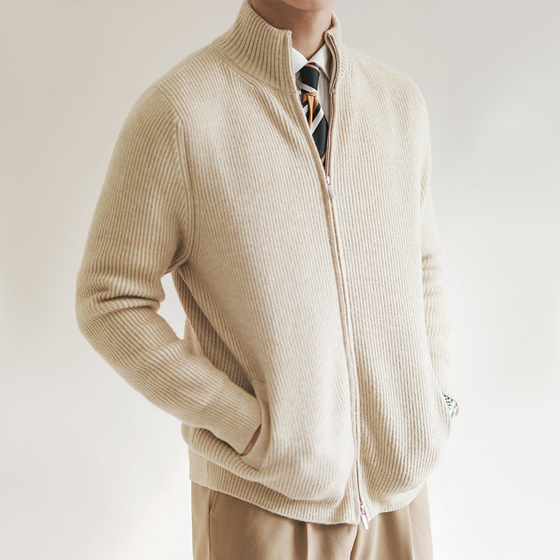 Ribbed Knit Cardigan Sweater with Full Zip & Stand Collar for Smart Casual Wear 3