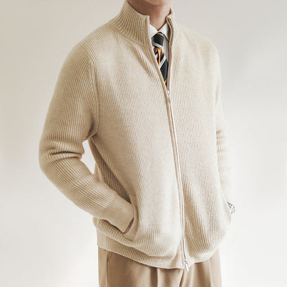 Ribbed Knit Cardigan Sweater with Full Zip & Stand Collar for Smart Casual Wear 3