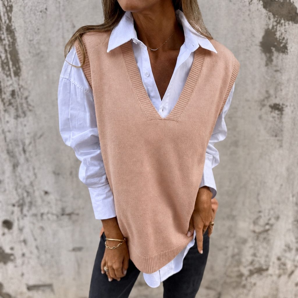 Ribbed Knit Long Vest - Oversized Deep V-Neck Sweater Vest in Black 0