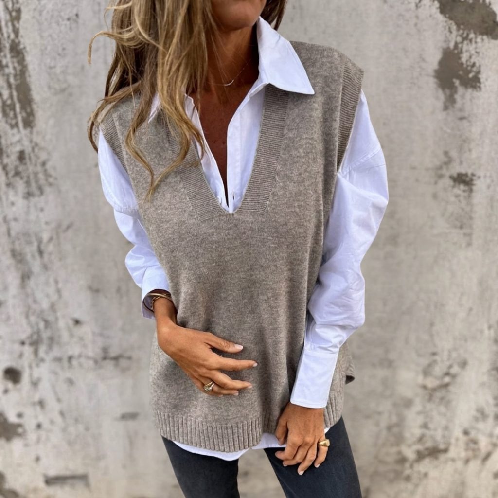 Ribbed Knit Long Vest - Oversized Deep V-Neck Sweater Vest in Black 1