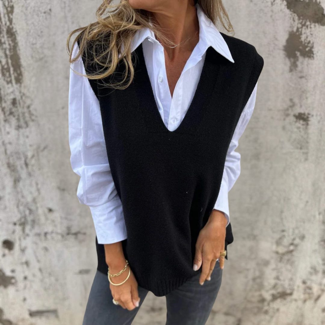 Ribbed Knit Long Vest - Oversized Deep V-Neck Sweater Vest in Black 3