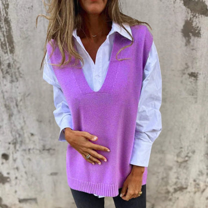 Ribbed Knit Long Vest - Oversized Deep V-Neck Sweater Vest in Black 4