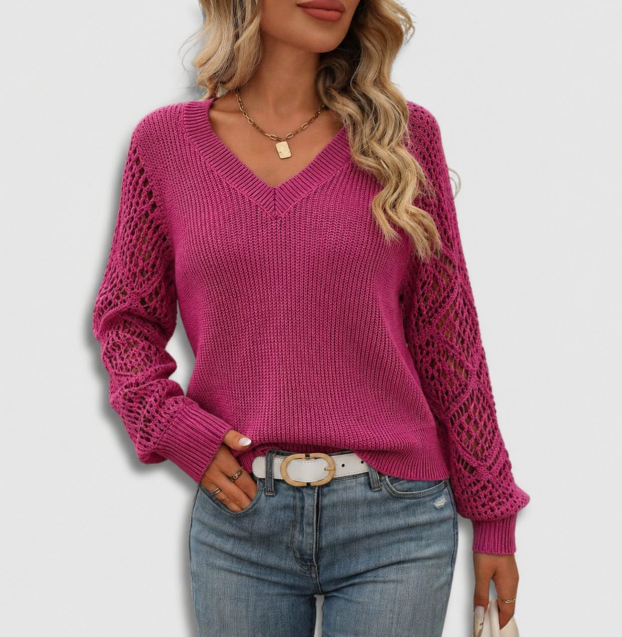 Ribbed Knit Sweater with V-Neck and Lacy Sleeves for Effortless Style 0
