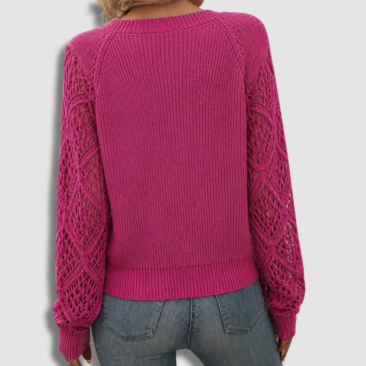 Ribbed Knit Sweater with V-Neck and Lacy Sleeves for Effortless Style 2