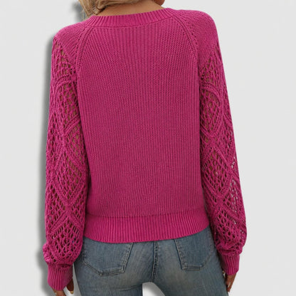 Ribbed Knit Sweater with V-Neck and Lacy Sleeves for Effortless Style 2