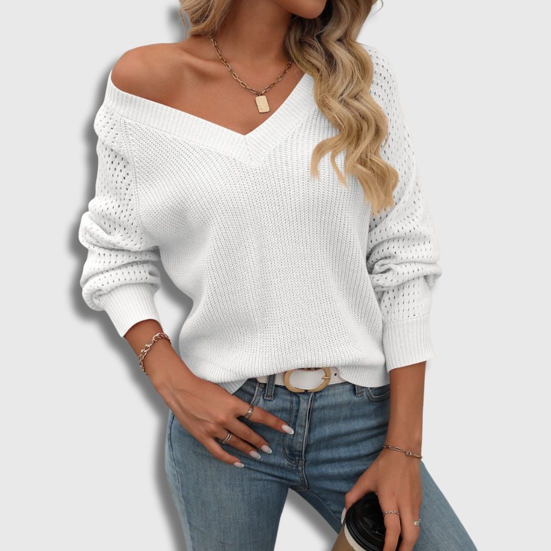Ribbed Knit Sweater with V-Neck and Lacy Sleeves for Effortless Style 3