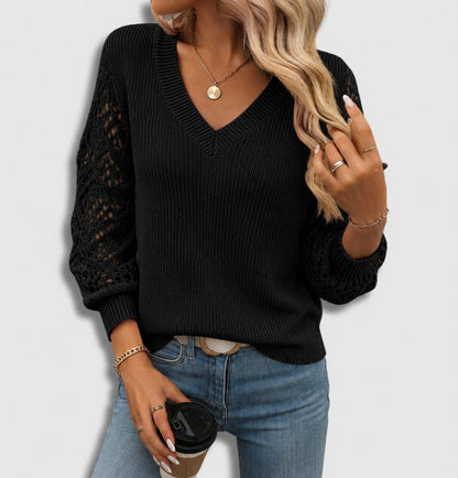 Ribbed Knit Sweater with V-Neck and Lacy Sleeves for Effortless Style 4