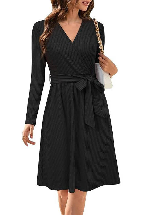 Ribbed Midi Dress with Belt and Pockets - Soft Polyester, V-Neck, Long Sleeves 0