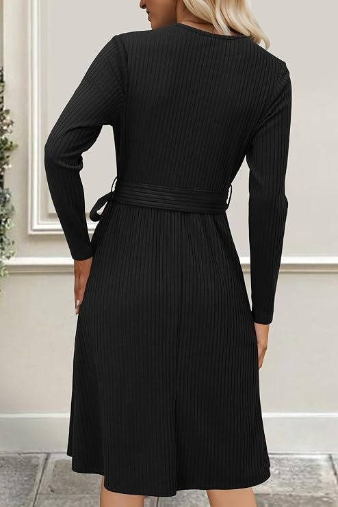 Ribbed Midi Dress with Belt and Pockets - Soft Polyester, V-Neck, Long Sleeves 1