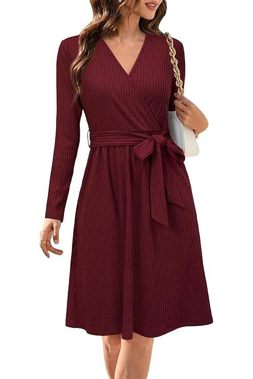 Ribbed Midi Dress with Belt and Pockets - Soft Polyester, V-Neck, Long Sleeves 10
